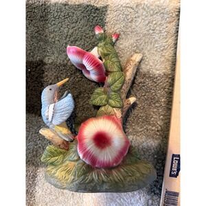 Vintage 1990 TMD Porcelain Hummingbird Figurine Blue Bird Pink Morning Glory 6in